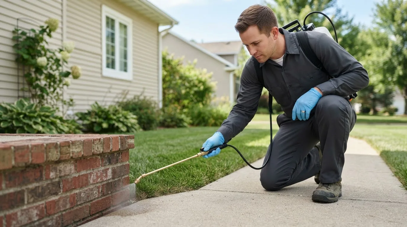 Pest control technician treating a home near Mount Vernon, IA