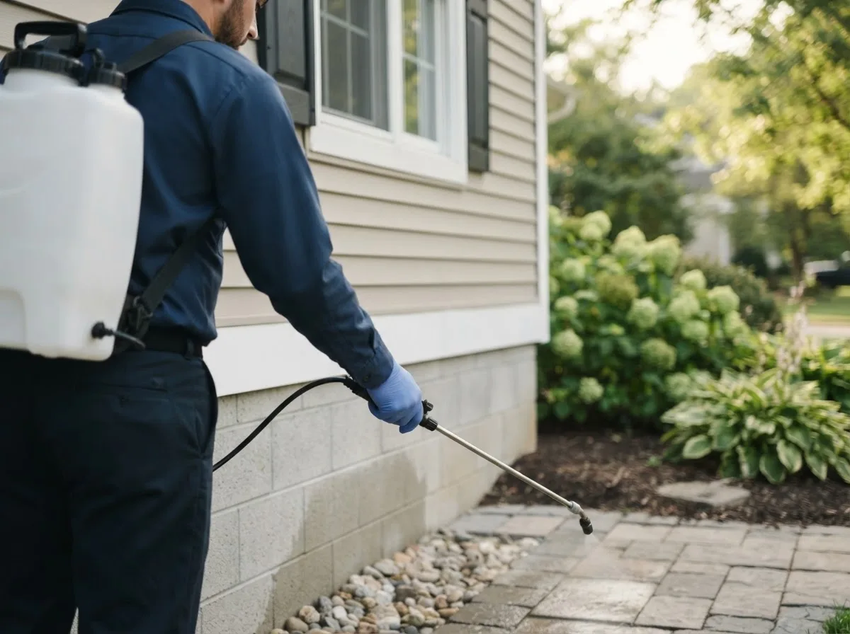 Pest control technician inspecting a home in Mount Vernon, IA